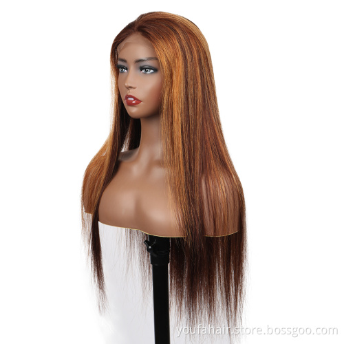 4/27 Honey Brown Highlight Wig 150% Ombre Color Blonde Brazilian Virgin Straight 4x4 Lace Front Human Hair Wig for Black Women